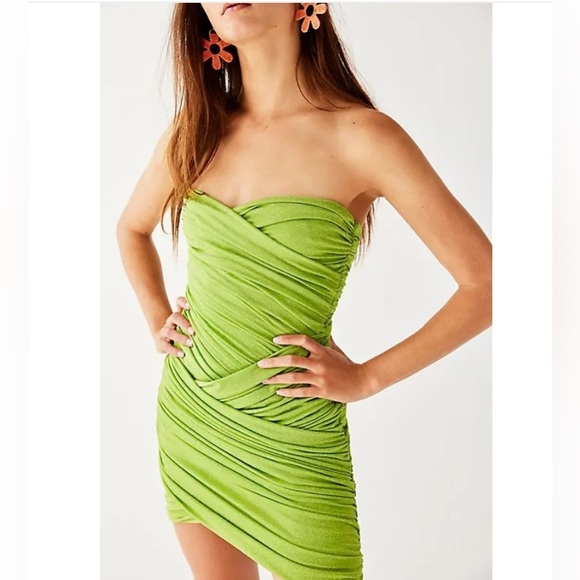 Baobab Irene Mini Dress Strapless Draped Green Shimmer Small Bodycon Chic Party - Picture 1 of 13